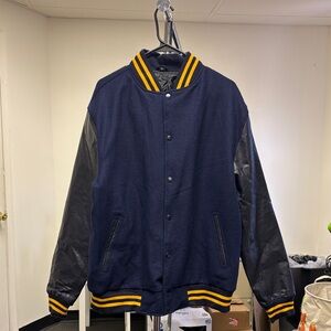 Men's Navy and Black Varsity Jacket with Yellow Trim